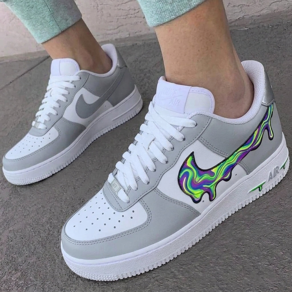 Custom AF 1s Shoes Dripping Swirl Swoosh Grey Green Purple