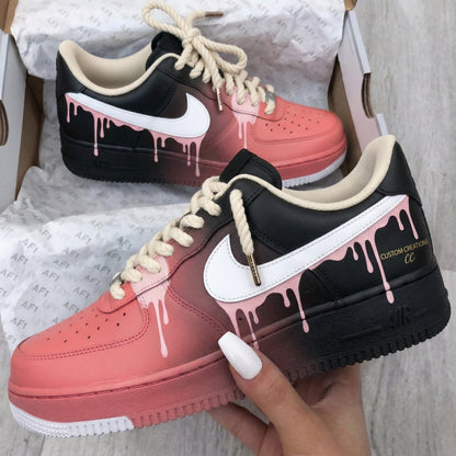 Custom AF 1s Shoes Drips Pattern Black Pink