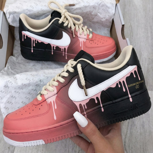 Custom AF 1s Shoes Drips Pattern Black Pink