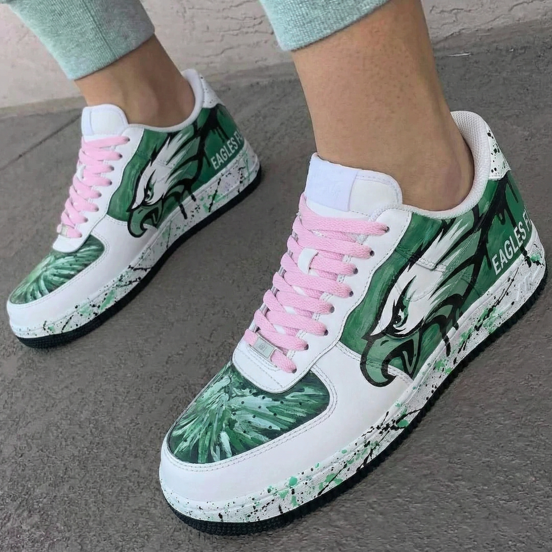 Custom AF 1s Shoes Eagles Graphic Baby Pink Green