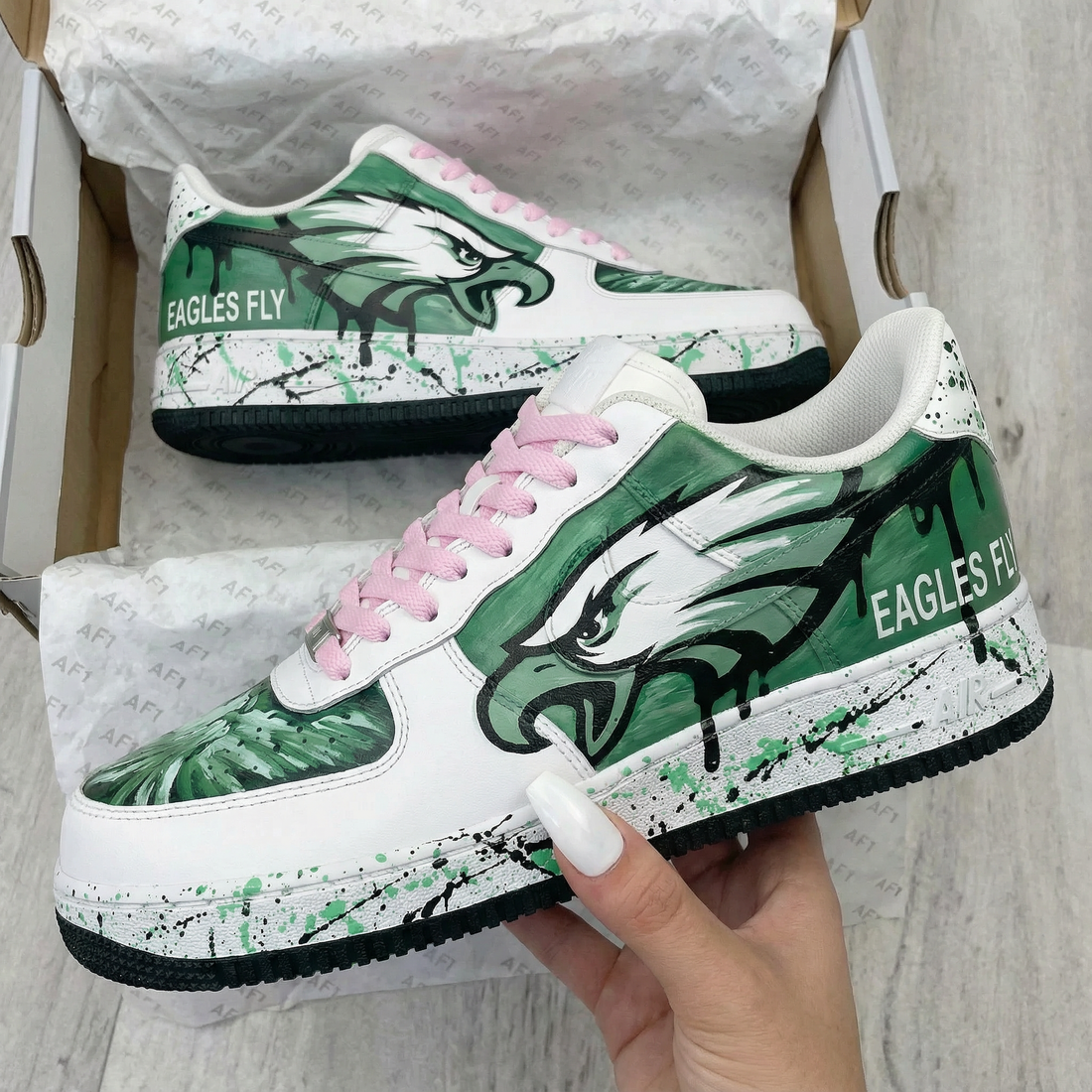 Custom AF 1s Shoes Eagles Graphic Baby Pink Green