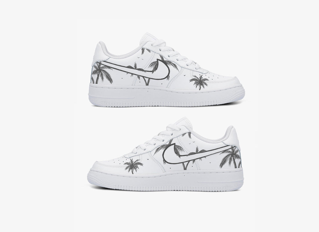 Custom AF 1s Shoes Edgy Monochrome Palm Leaf Pattern Black