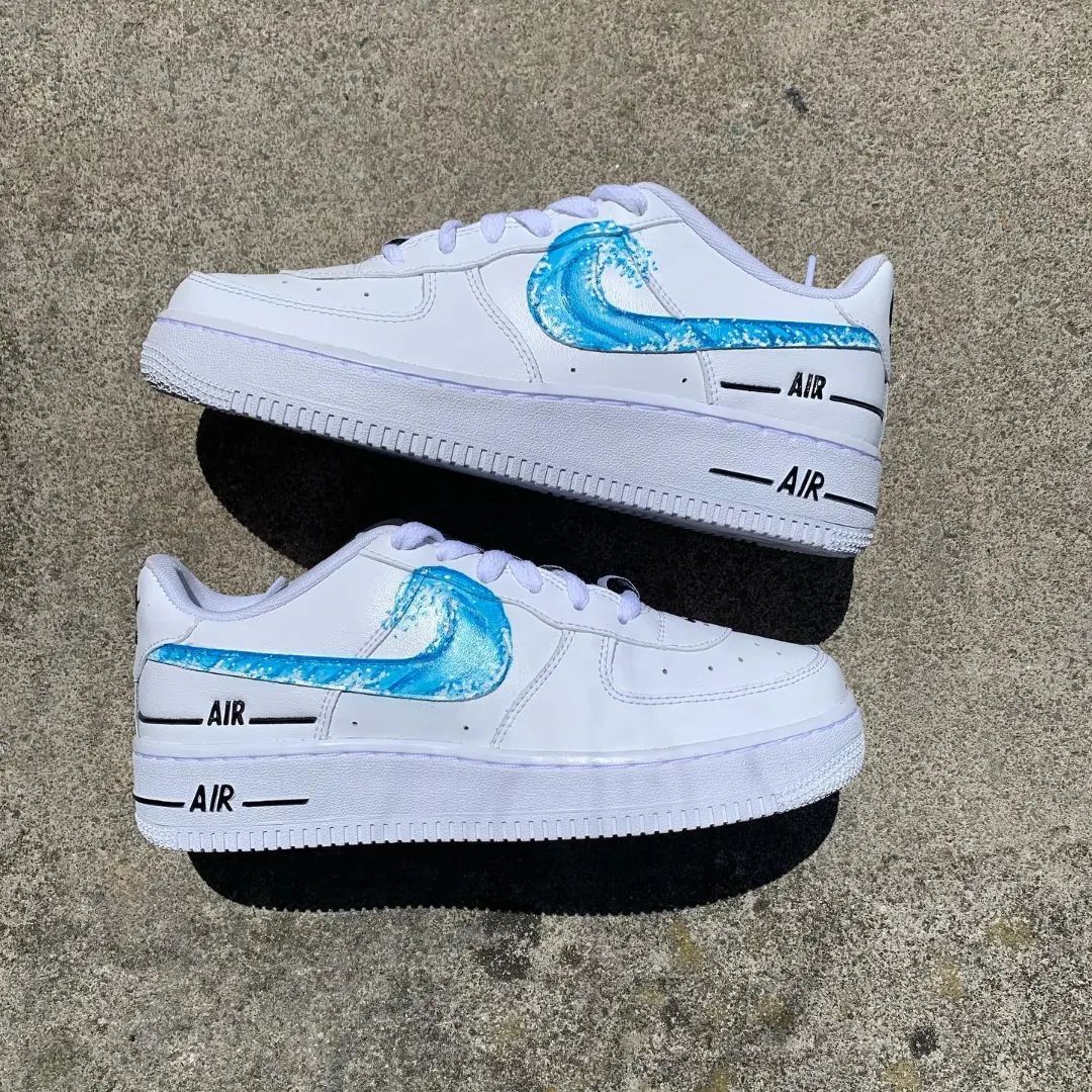 Custom AF 1s Shoes Elegant Blue Wave Pattern