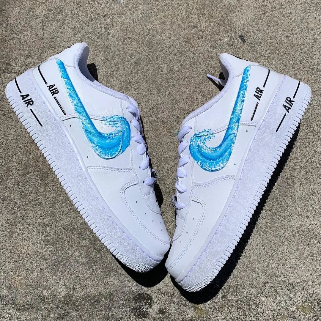 Custom AF 1s Shoes Elegant Blue Wave Pattern