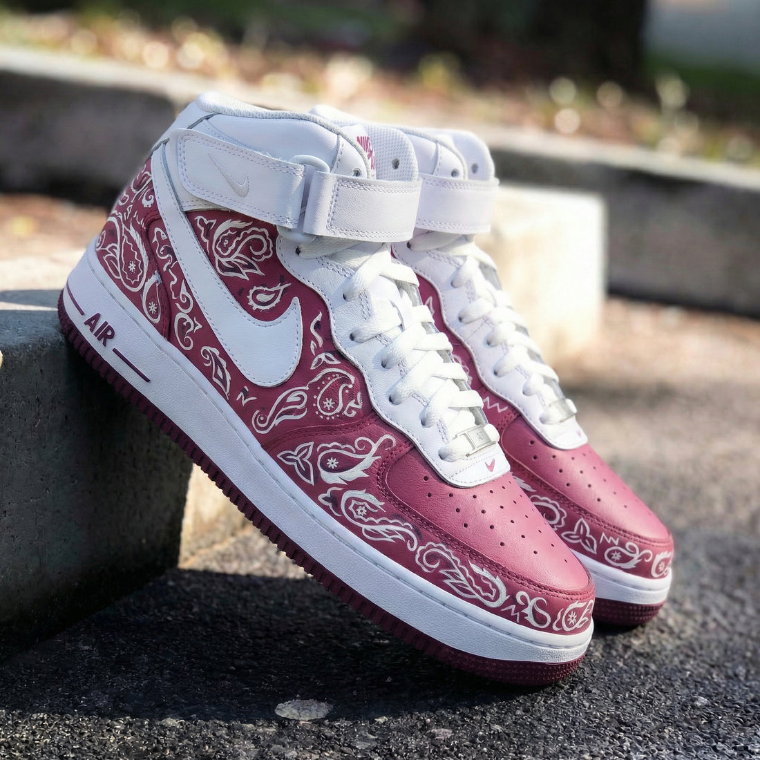 Custom AF 1s Shoes Elegant Maroon White Paisley Swirl