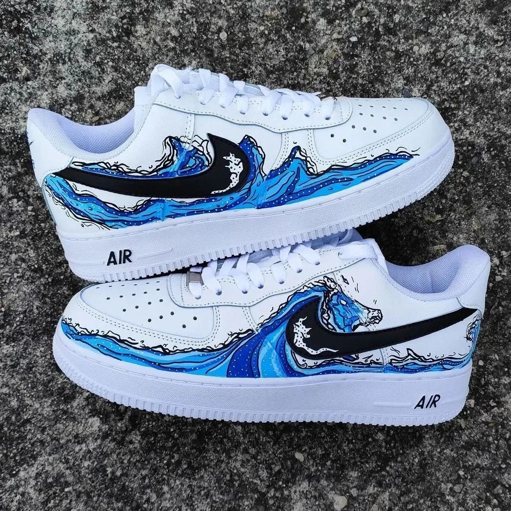 Custom AF 1s Shoes Elegant Wave Pattern Blue Black