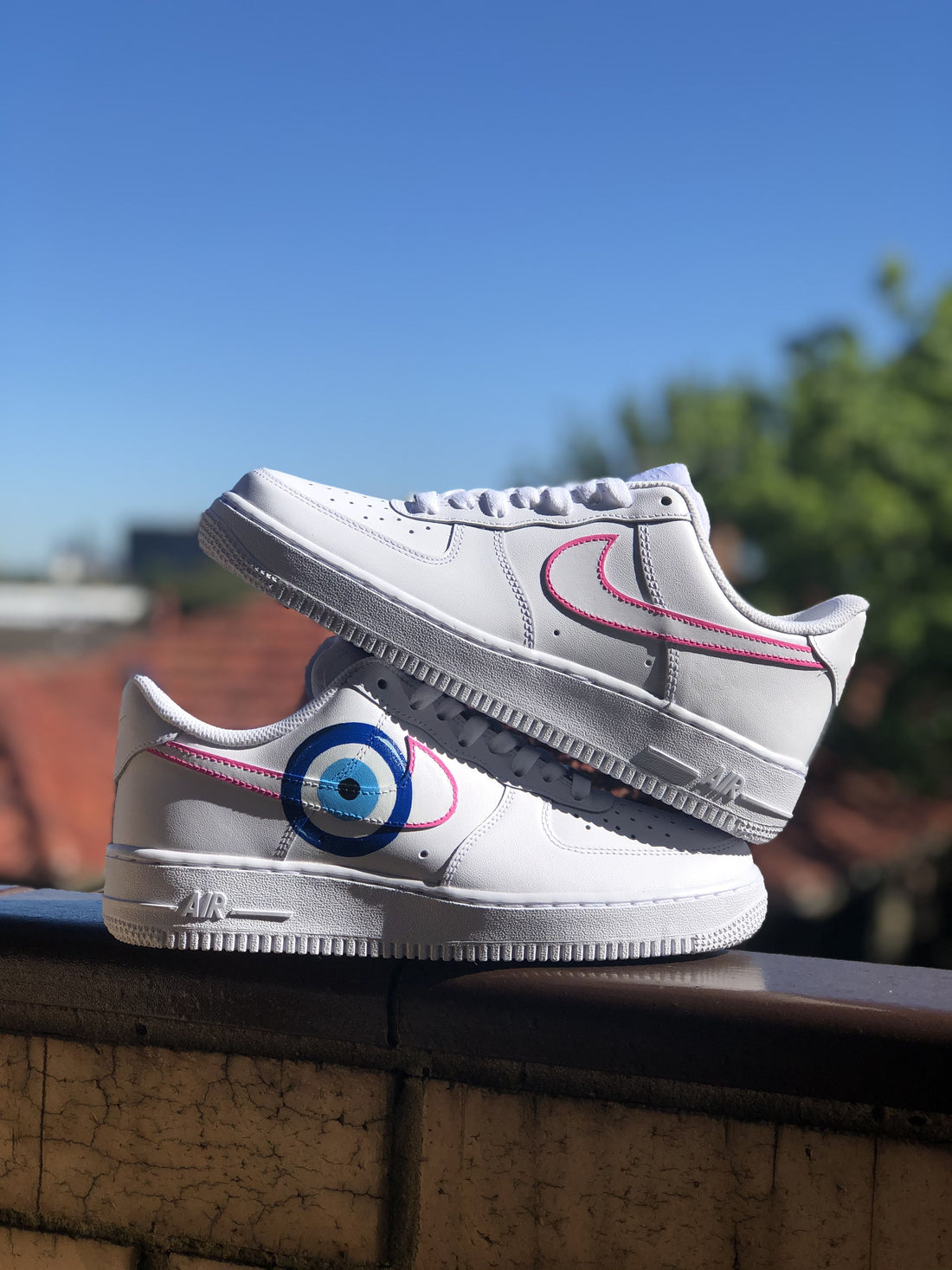 Custom AF 1s Shoes Evil - Eye Design Baby Pink and Blue