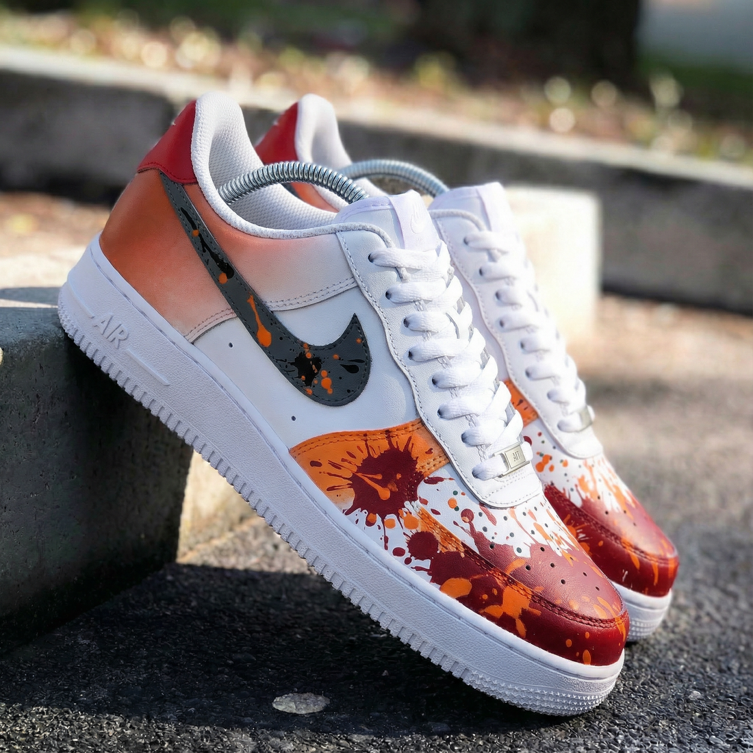 Custom AF 1s Shoes Fiery Orange Red Splatter Design