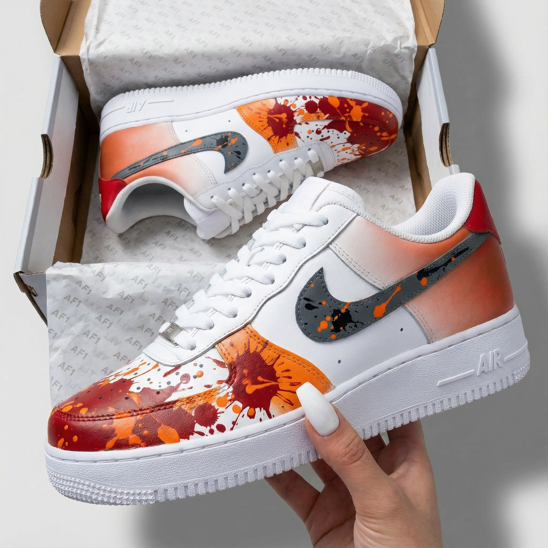 Custom AF 1s Shoes Fiery Orange Red Splatter Design