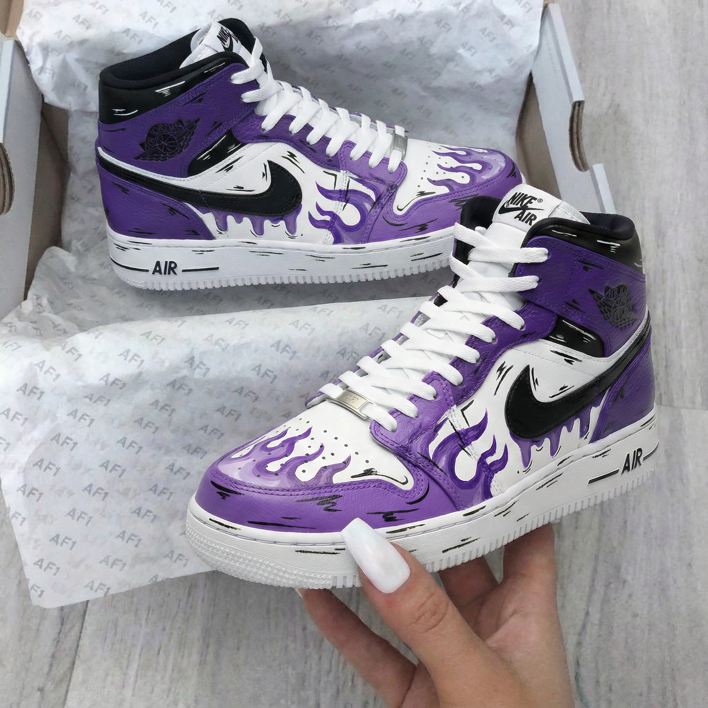 Custom AF 1s Shoes Fiery Purple Black Flame Pattern