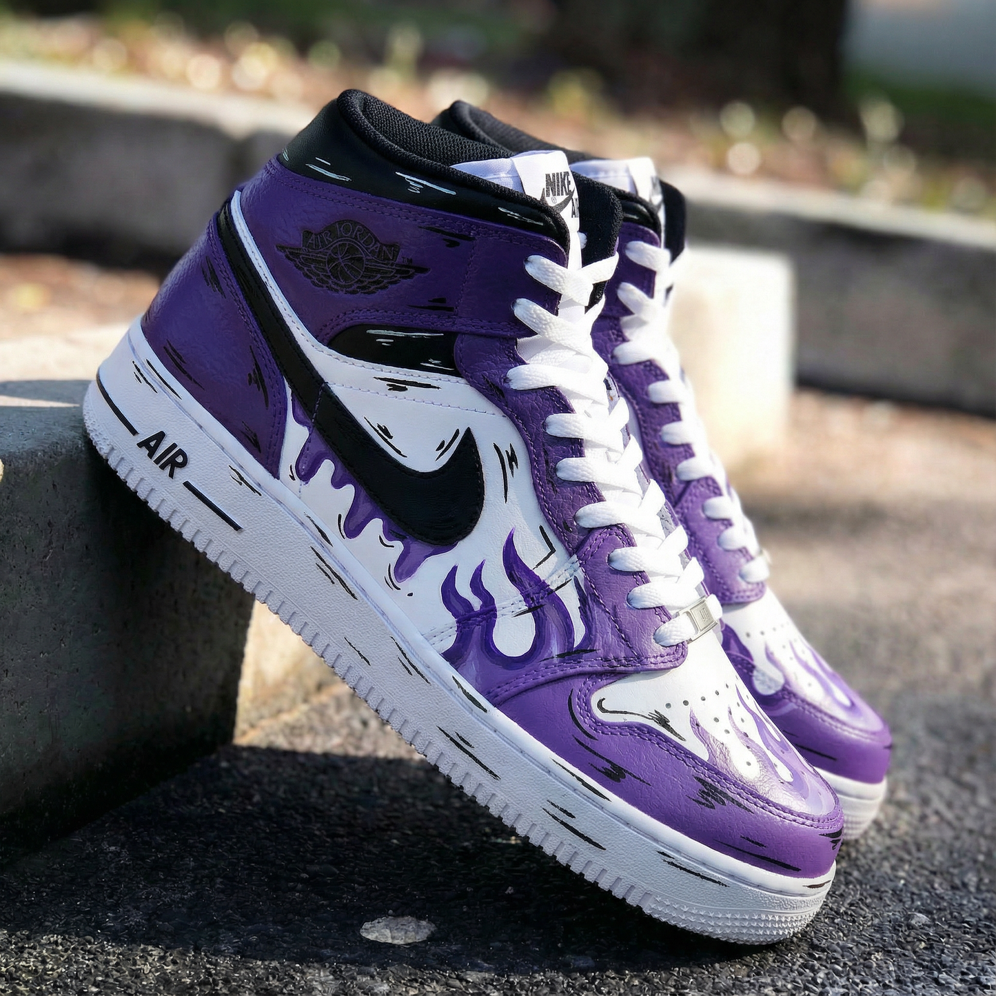 Custom AF 1s Shoes Fiery Purple Black Flame Pattern