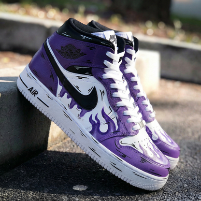 Custom AF 1s Shoes Fiery Purple Black Flame Pattern