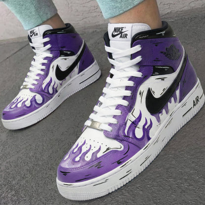 Custom AF 1s Shoes Fiery Purple Black Flame Pattern