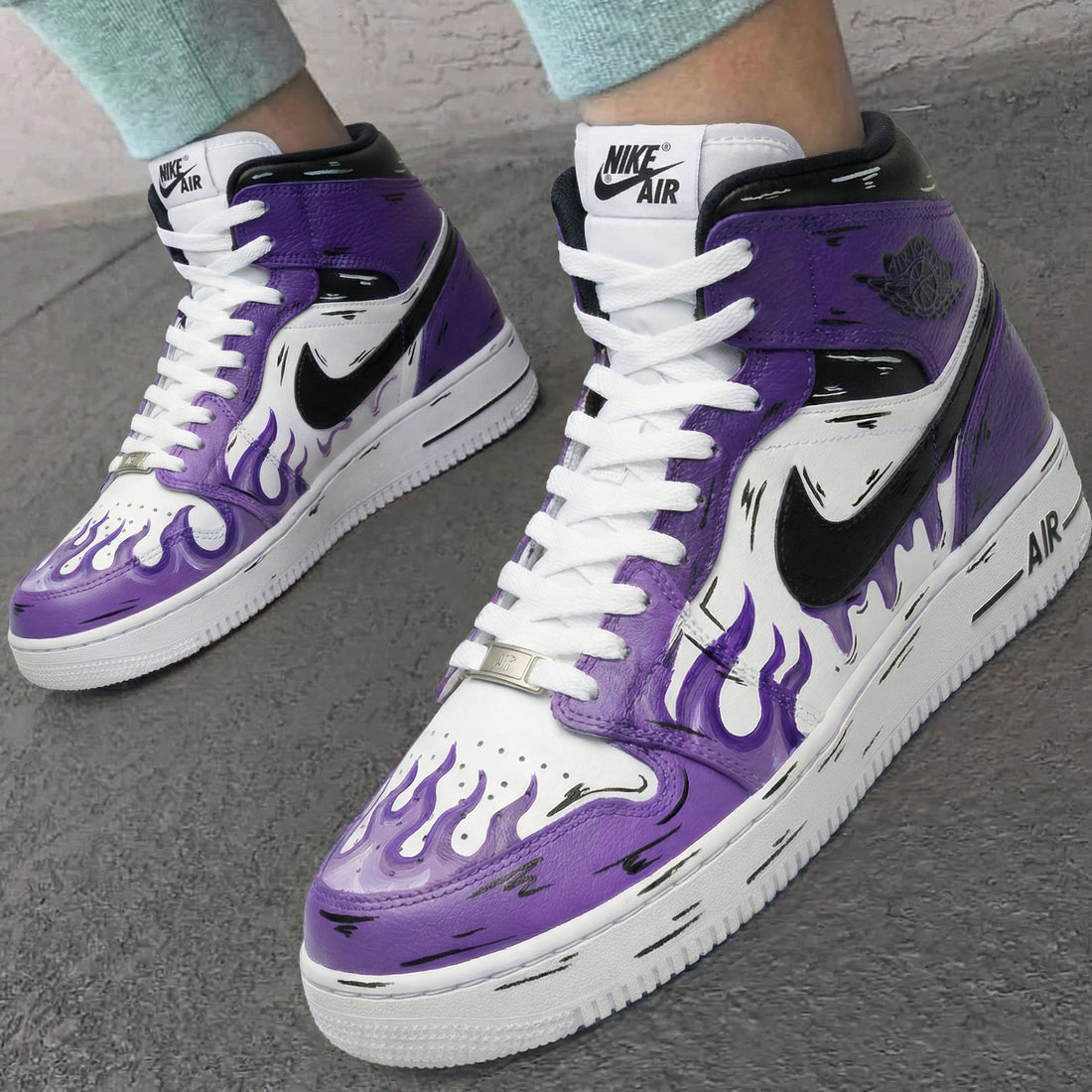 Custom AF 1s Shoes Fiery Purple Black Flame Pattern