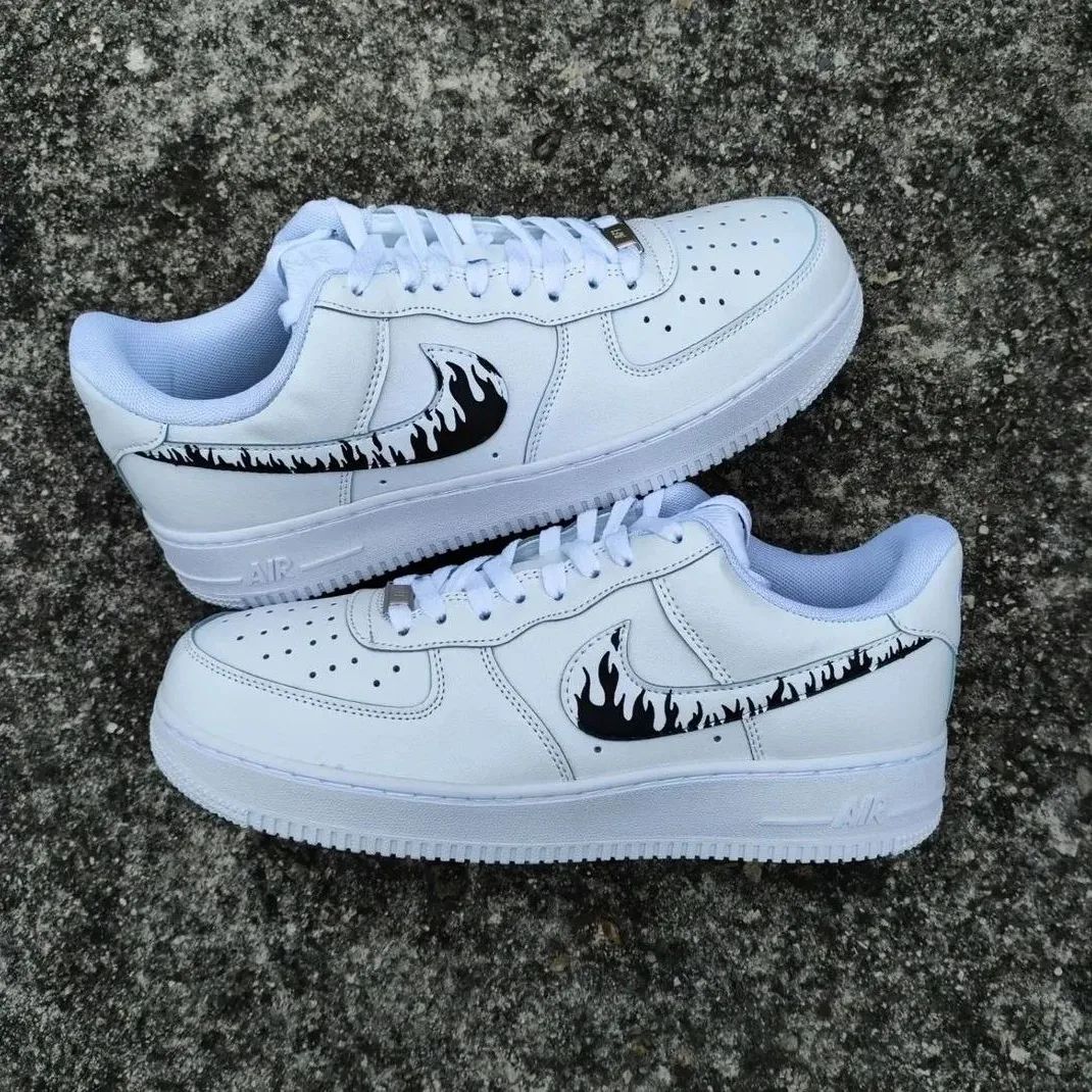 Custom AF 1s Shoes Flame Pattern Black Light Blue