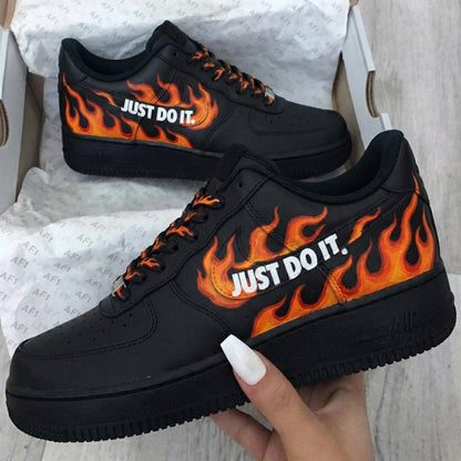Custom AF 1s Shoes Flame Pattern Black Orange