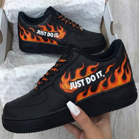 Custom AF 1s Shoes Flame Pattern Black Orange