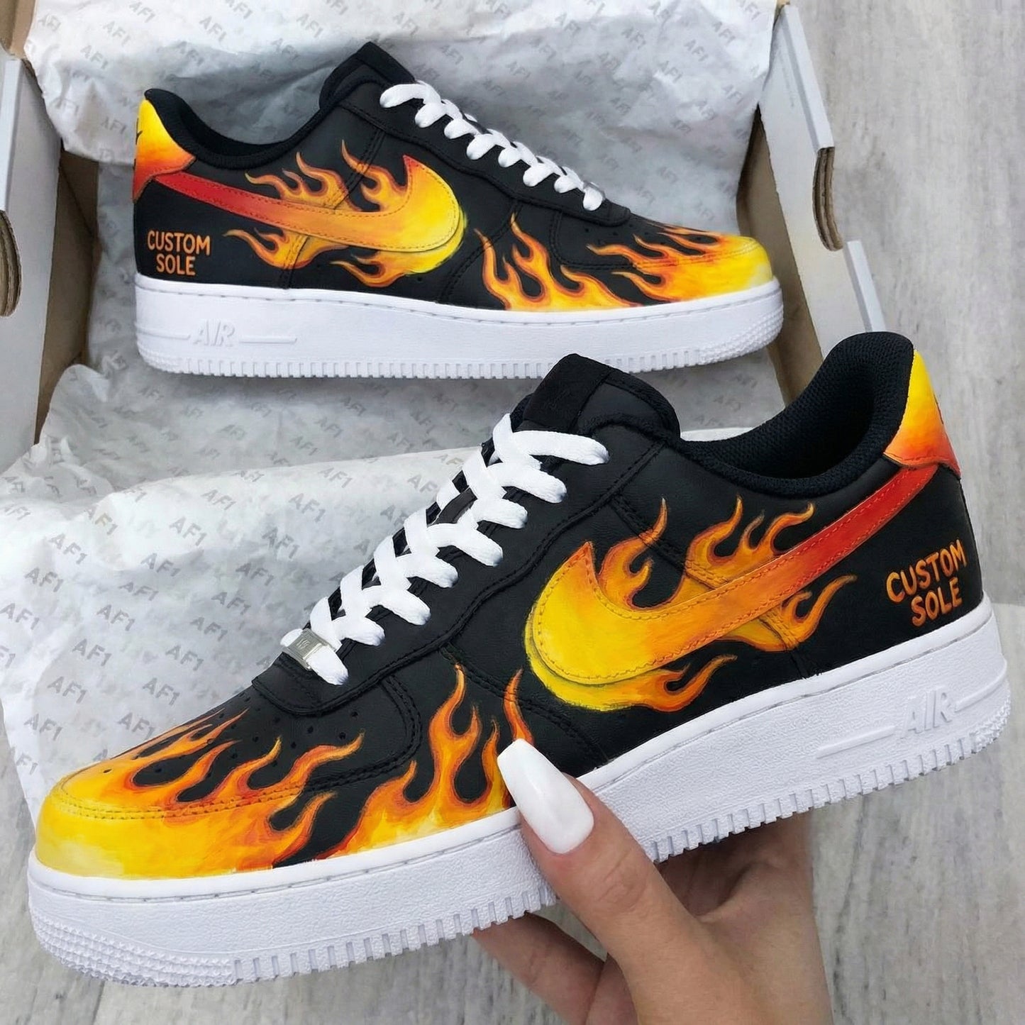 Custom AF 1s Shoes Flame Pattern Black Orange