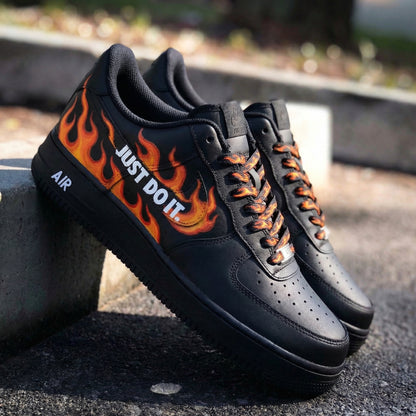 Custom AF 1s Shoes Flame Pattern Black Orange