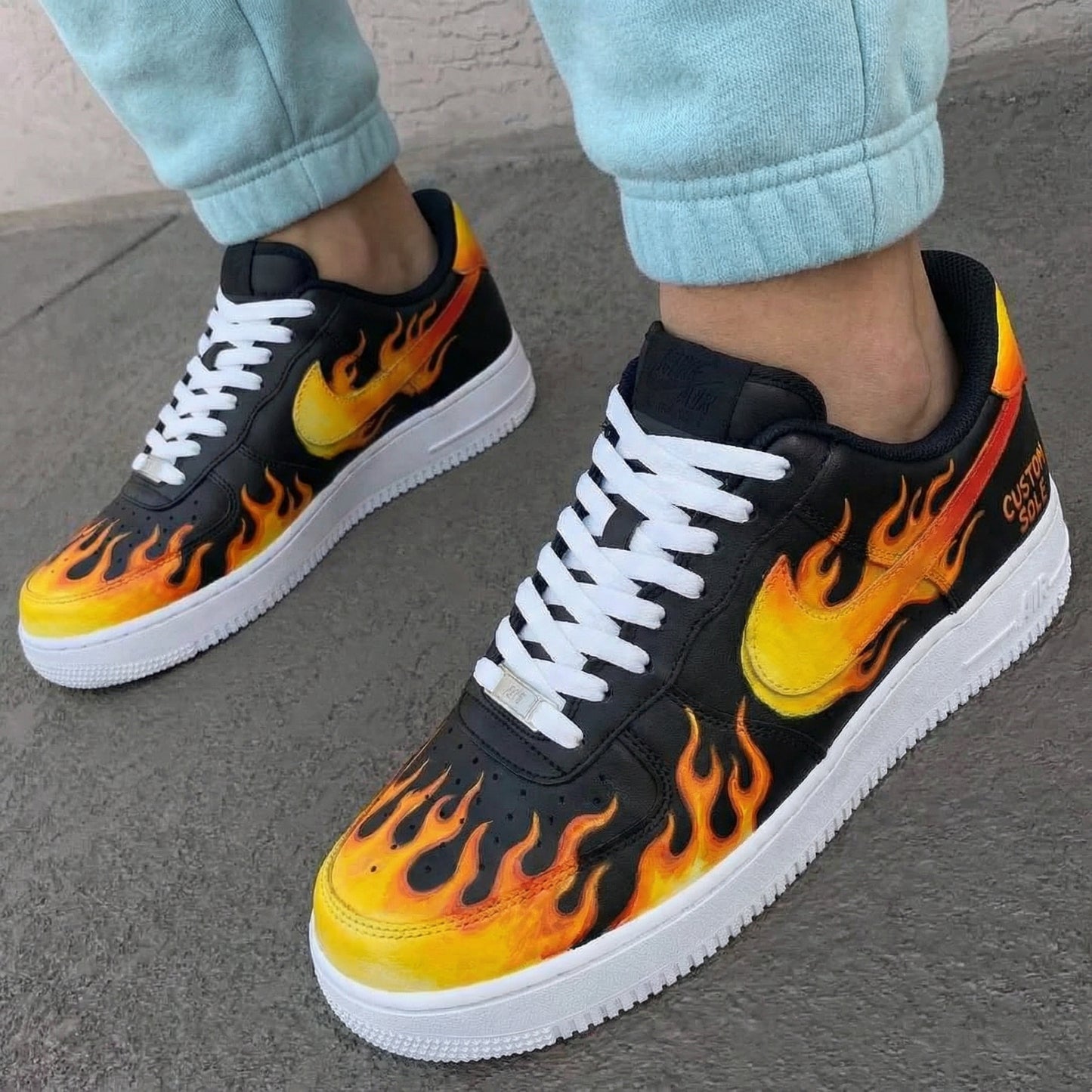 Custom AF 1s Shoes Flame Pattern Black Orange