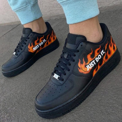 Custom AF 1s Shoes Flame Pattern Black Orange