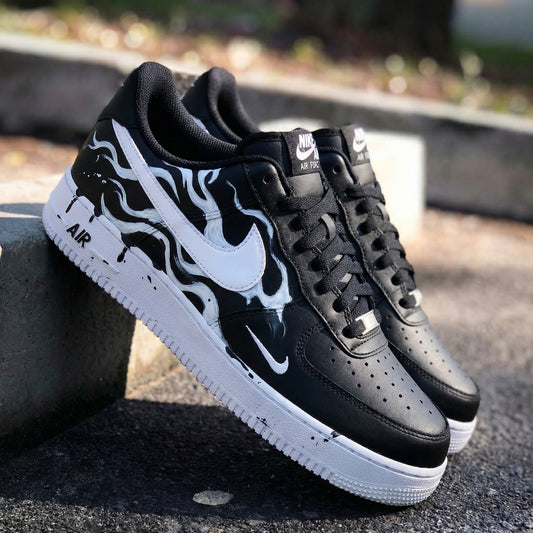 Custom AF 1s Shoes Flame Pattern Black White