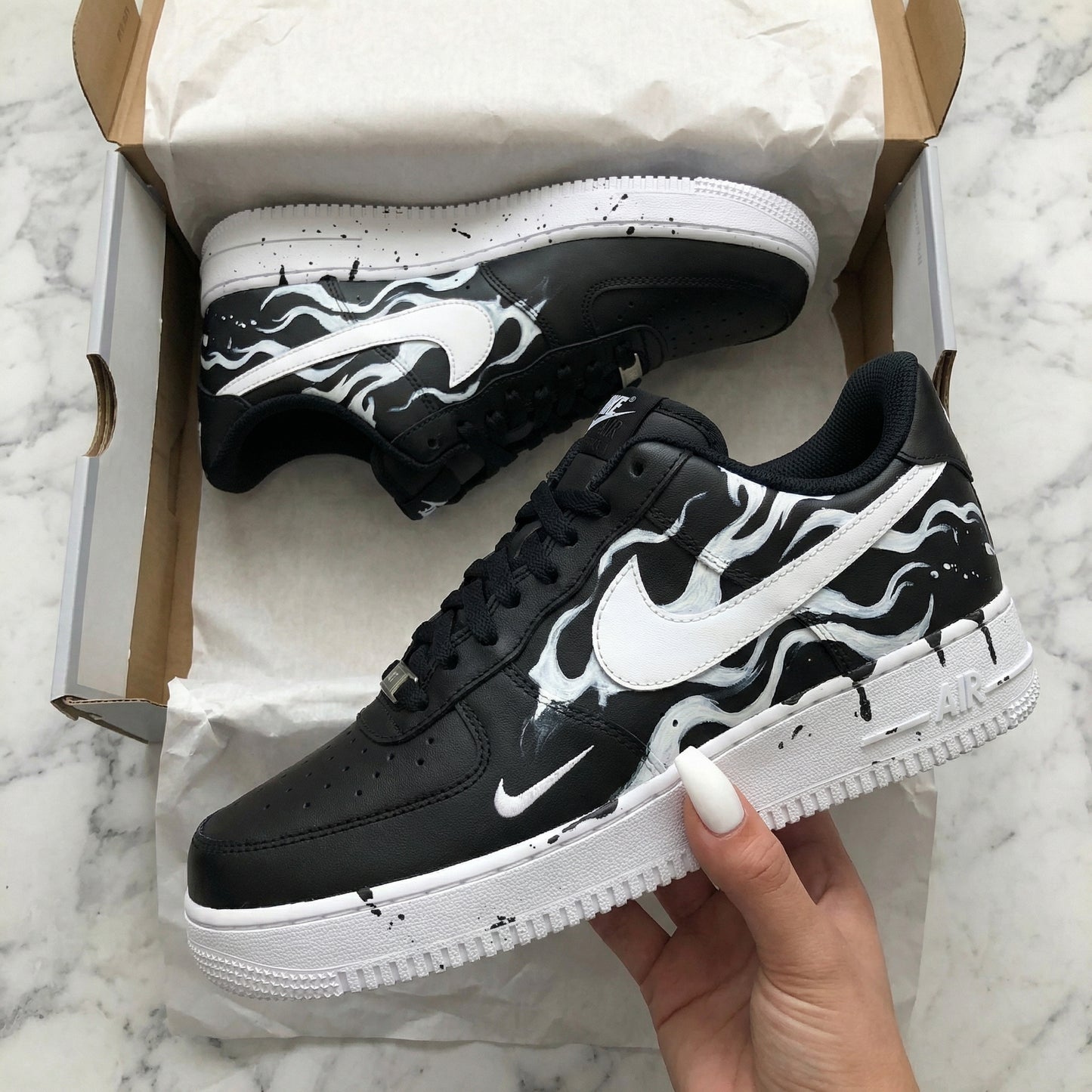 Custom AF 1s Shoes Flame Pattern Black White