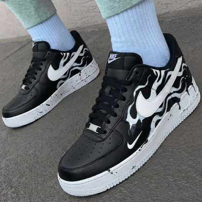 Custom AF 1s Shoes Flame Pattern Black White