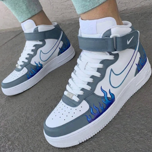 Custom AF 1s Shoes Flame Pattern Gray Blue