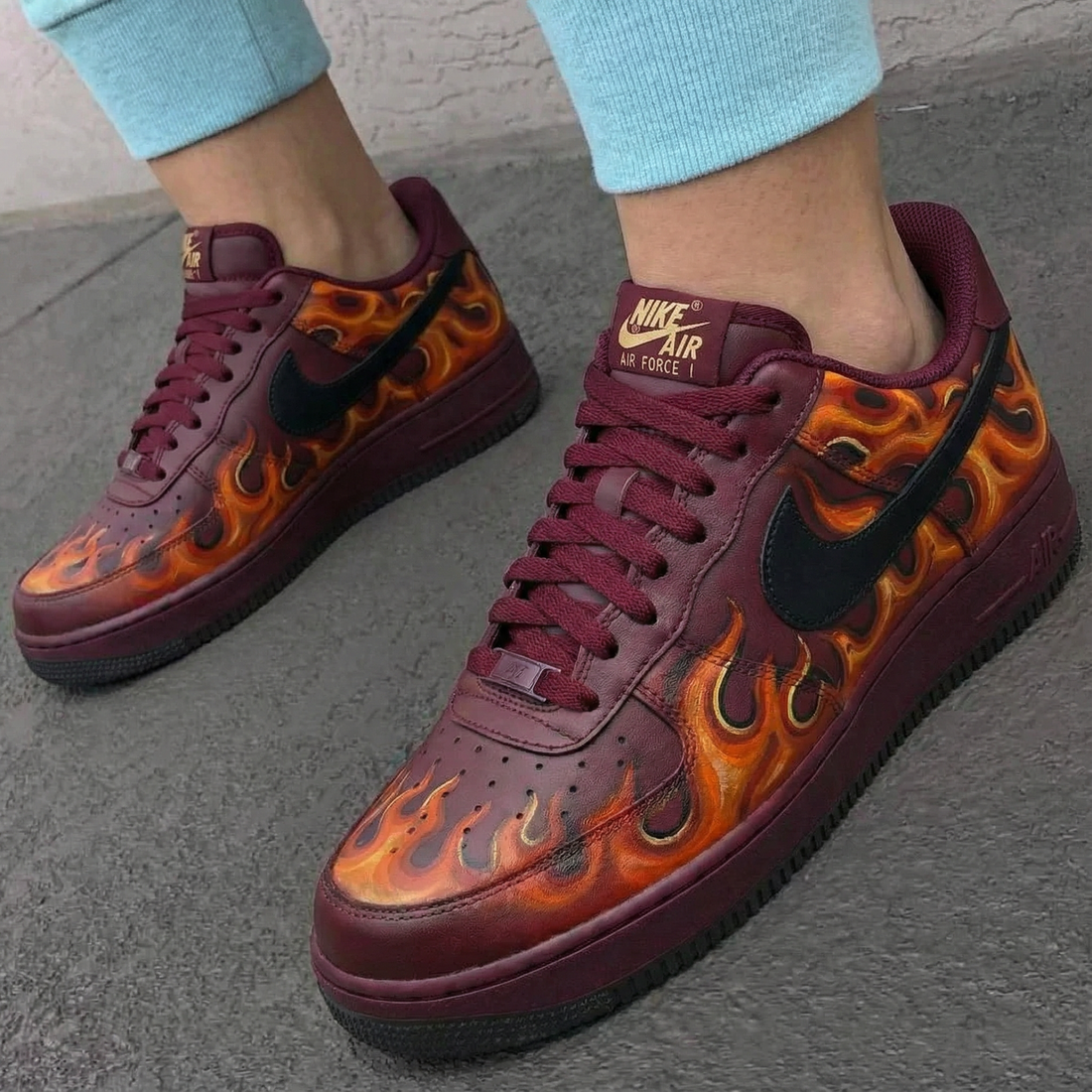 Custom AF 1s Shoes Flame Pattern Maroon Black