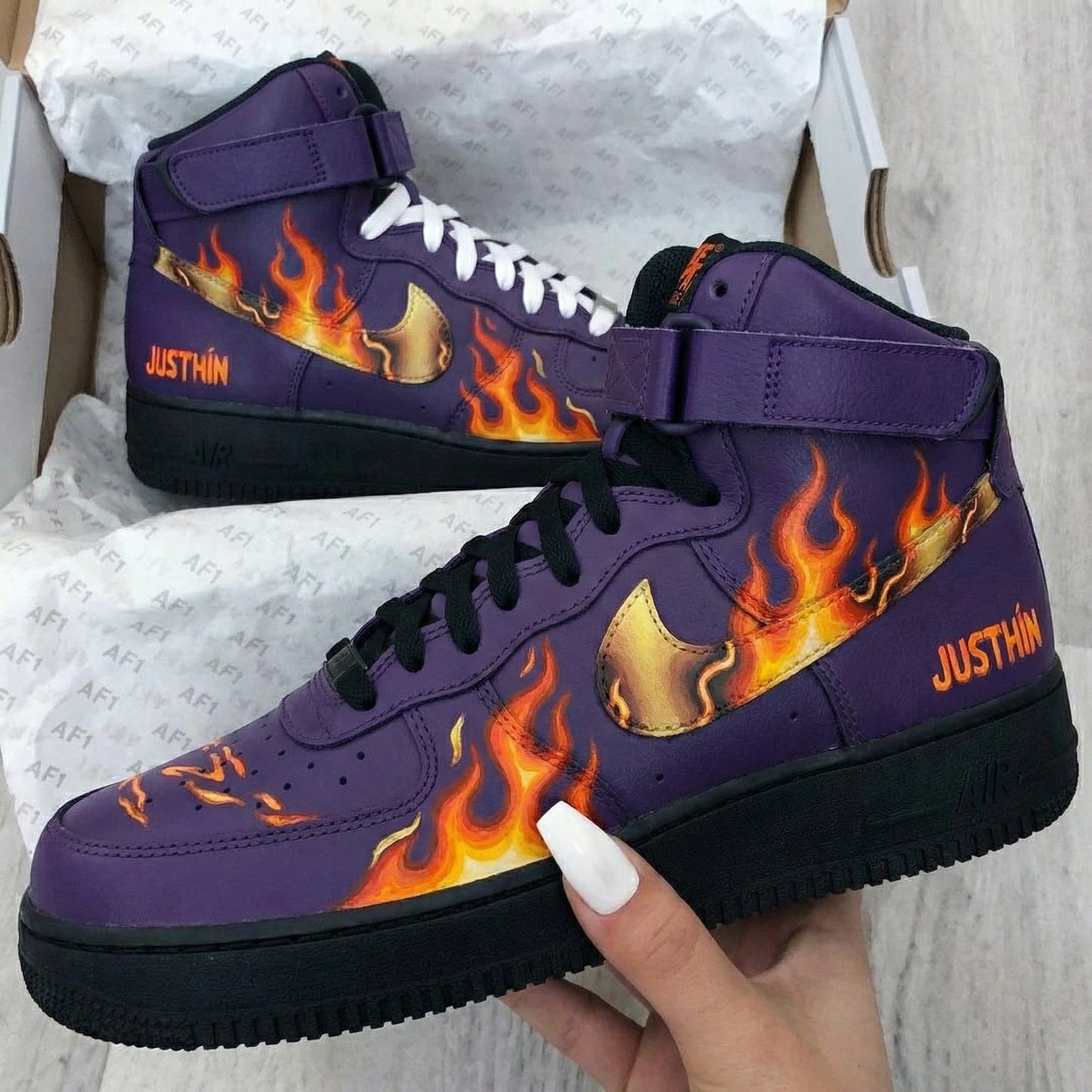 Custom AF 1s Shoes Flame Pattern Purple Black