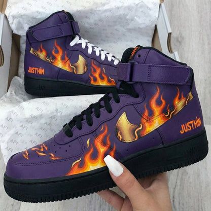 Custom AF 1s Shoes Flame Pattern Purple Black