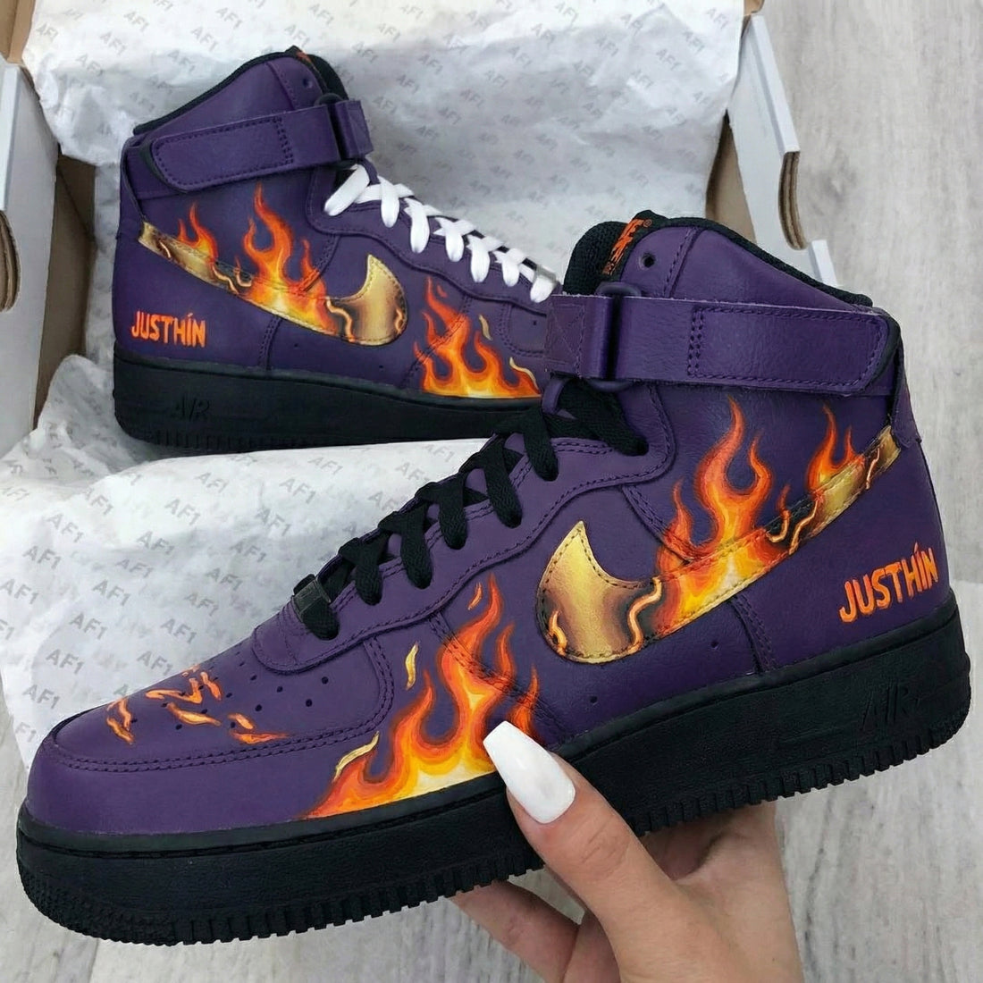 Custom AF 1s Shoes Flame Pattern Purple Black