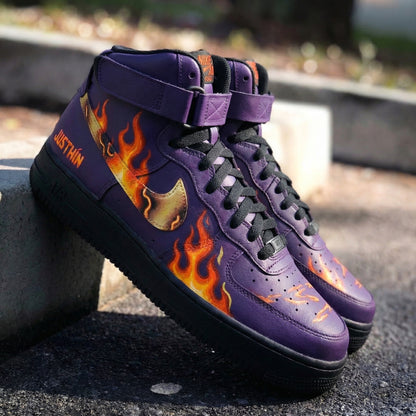Custom AF 1s Shoes Flame Pattern Purple Black