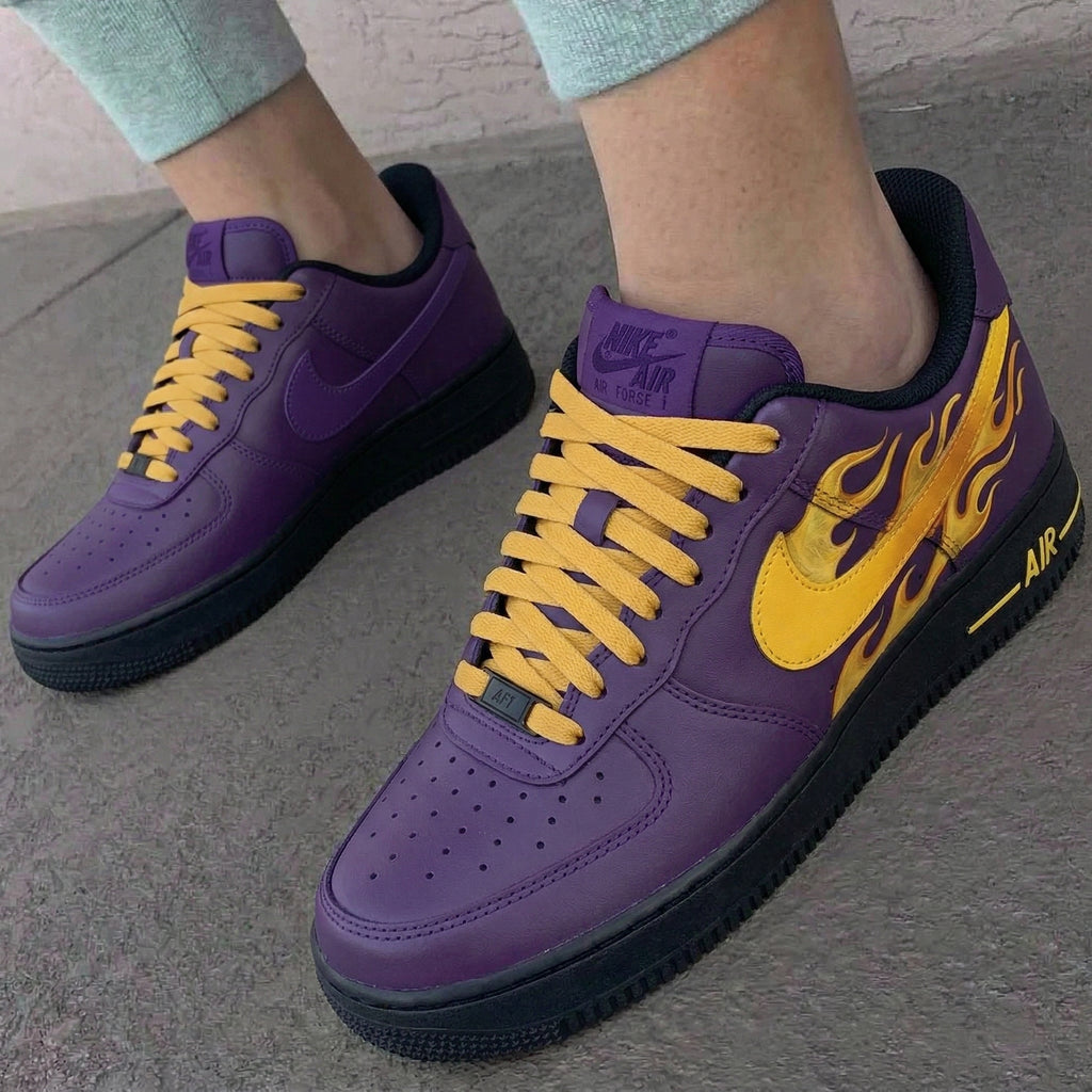 Custom AF 1s Shoes Flame Pattern Purple Yellow Black