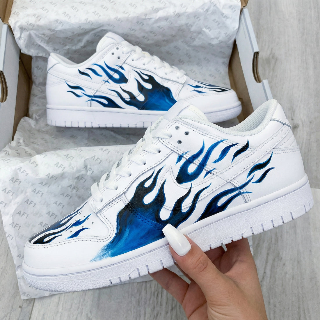 Custom AF 1s Shoes Flames Blue Black