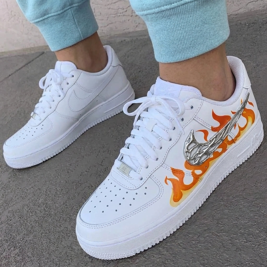 Custom AF 1s Shoes Flames Metallic Wing Swoosh Orange Yellow