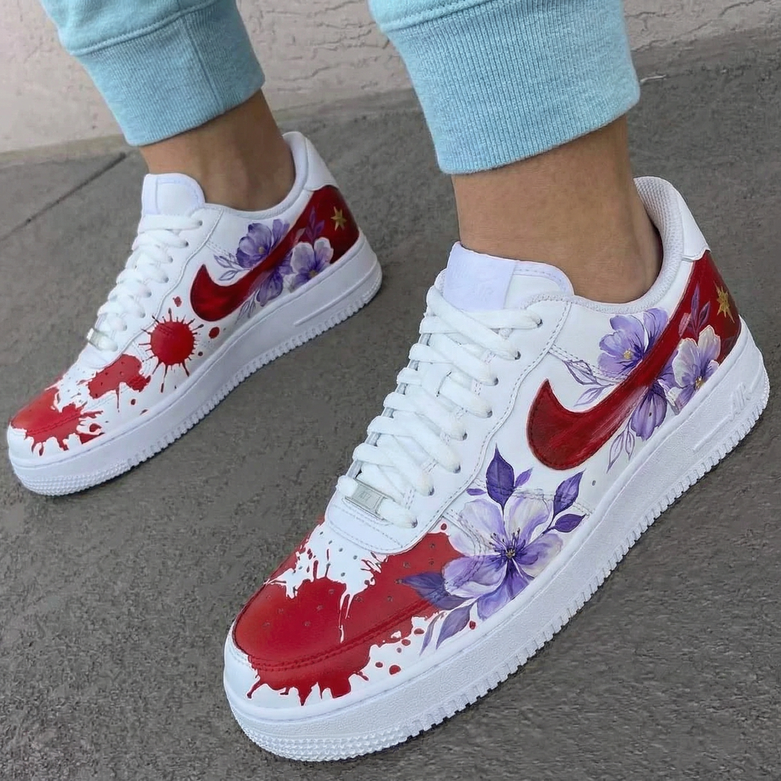 Custom AF 1s Shoes Floral and Blood - Splatter Design Red and Purple