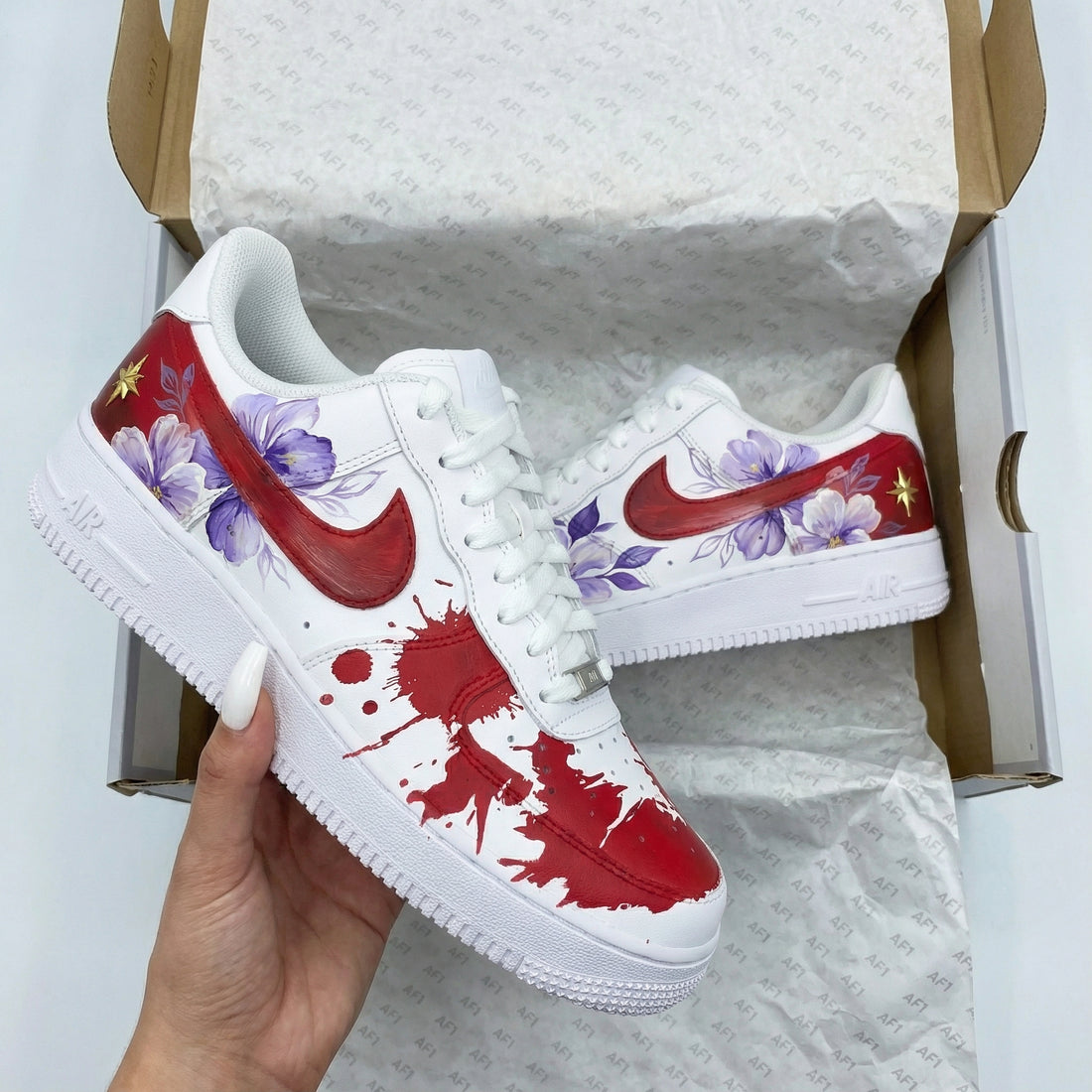 Custom AF 1s Shoes Floral and Blood - Splatter Design Red and Purple