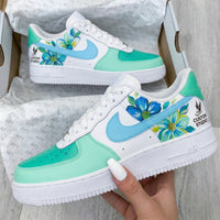 Custom AF 1s Shoes Floral Pattern Baby Blue Mint Green