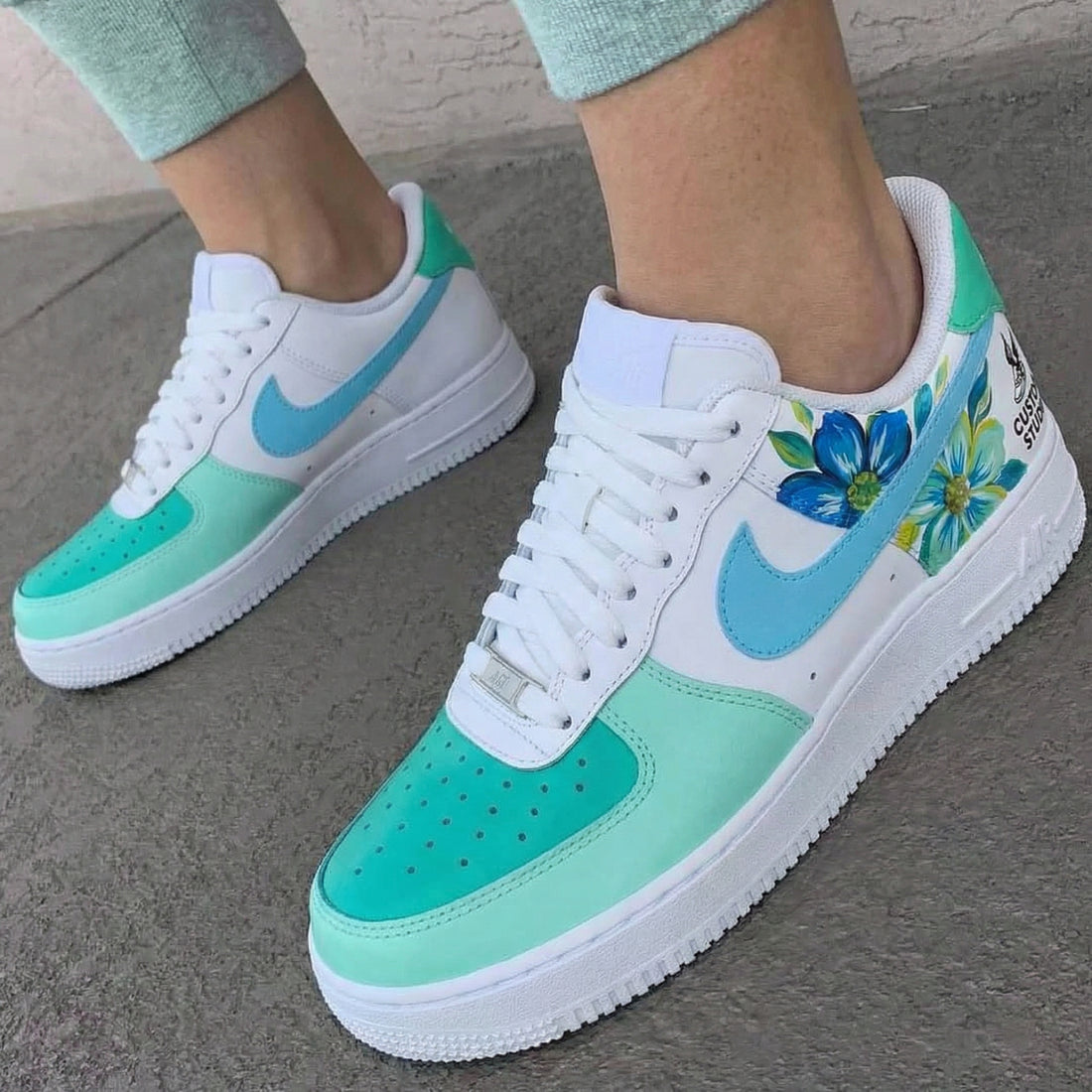 Custom AF 1s Shoes Floral Pattern Baby Blue Mint Green