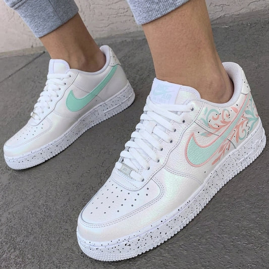 Custom AF 1s Shoes Floral Scroll Design Baby Blue Baby Pink