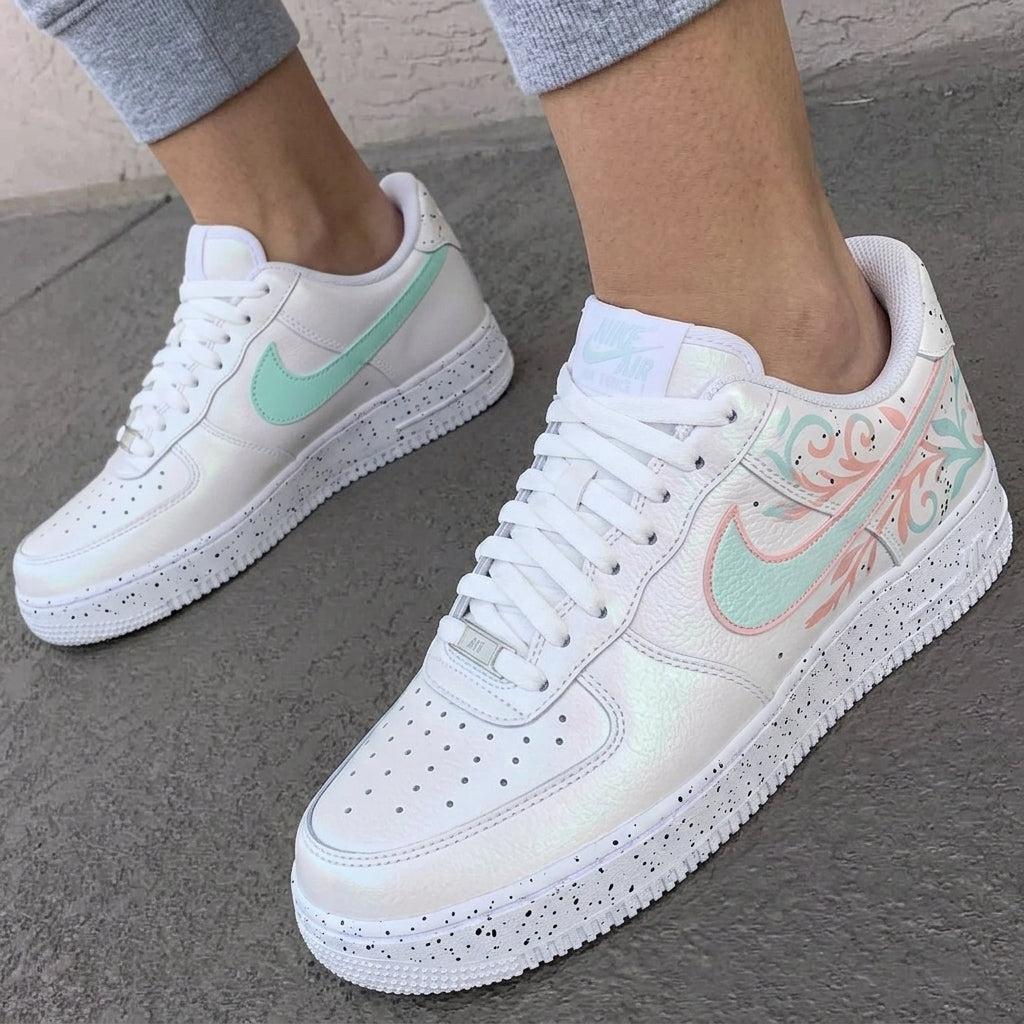 Custom AF 1s Shoes Floral Scroll Design Baby Blue Baby Pink
