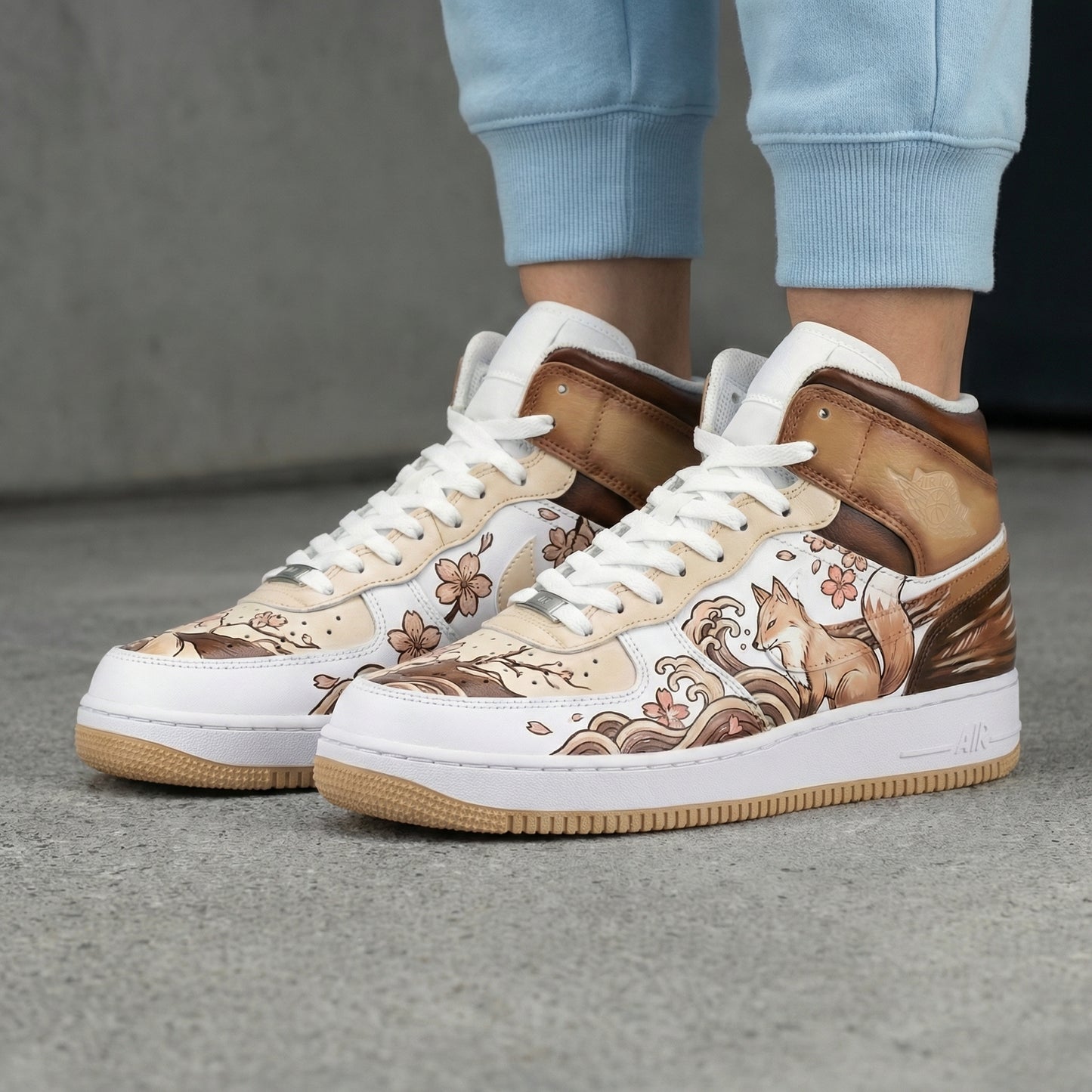 Custom AF 1s Shoes Fox Cherry - Blossom Pattern Brown Beige