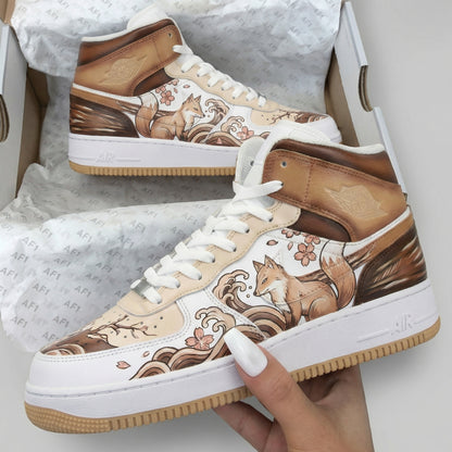 Custom AF 1s Shoes Fox Cherry - Blossom Pattern Brown Beige