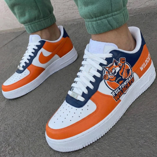 Custom AF 1s Shoes Fultondale Wildcats Logo Fox Orange Navy Blue