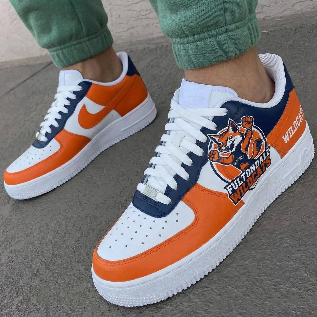 Custom AF 1s Shoes Fultondale Wildcats Logo Fox Orange Navy Blue