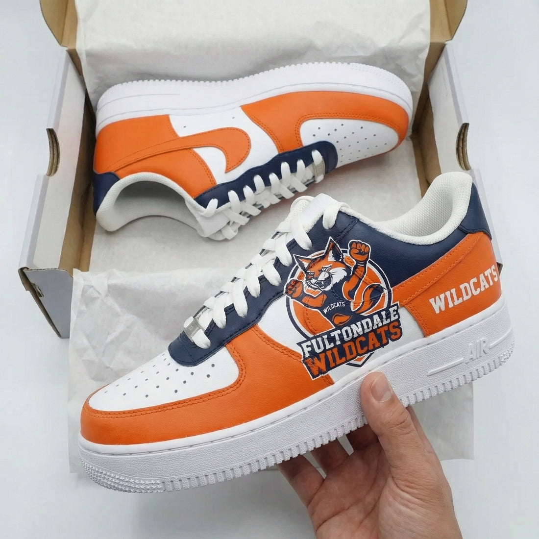 Custom AF 1s Shoes Fultondale Wildcats Logo Fox Orange Navy Blue