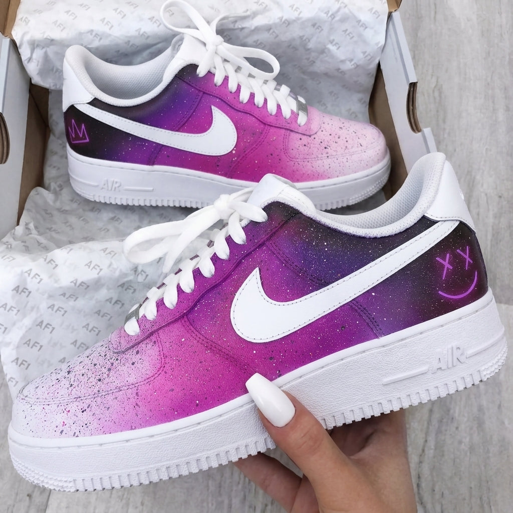 Custom AF 1s Shoes Galaxy Smiley Baby Pink Purple