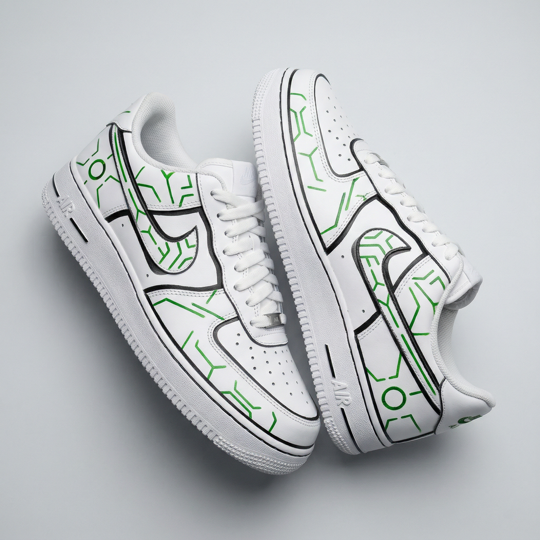 Custom AF 1s Shoes Geometric Circuit Green Black